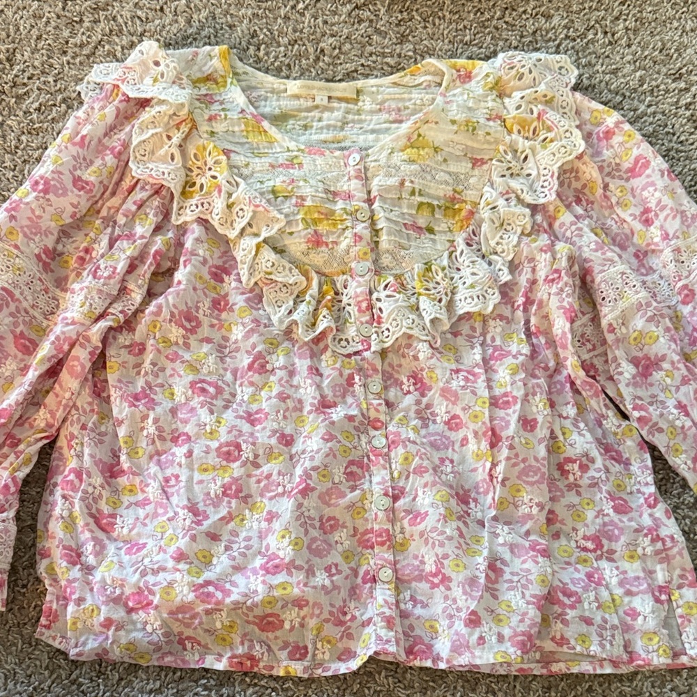 LoveShackFancy Pink and Yellow Floral Blouse with Lace Trim